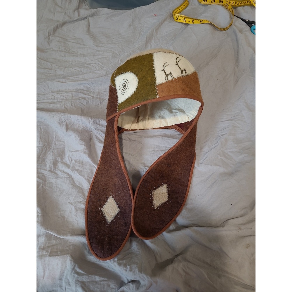 Sauna Hat Handcrafted felted wool with Ear Flaps and Deer Design nature